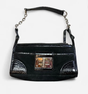 Bolso de Hombro Grunge Negro Gamuza Plata Cadena Correa Lauren por Ralph Lauren Foto 1 de 4
