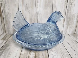 Vintage Indiana Glass Light Blue Hen on Nest Chicken Glass Covered Dish 7in  - Picture 1 of 18
