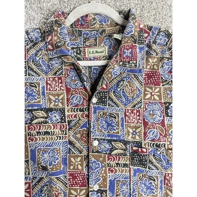 Vintage LL Bean Button Up Shirt Mens XLT/XL TALL Red Blue Floral 80s Hong Kong - Image 1 of 4