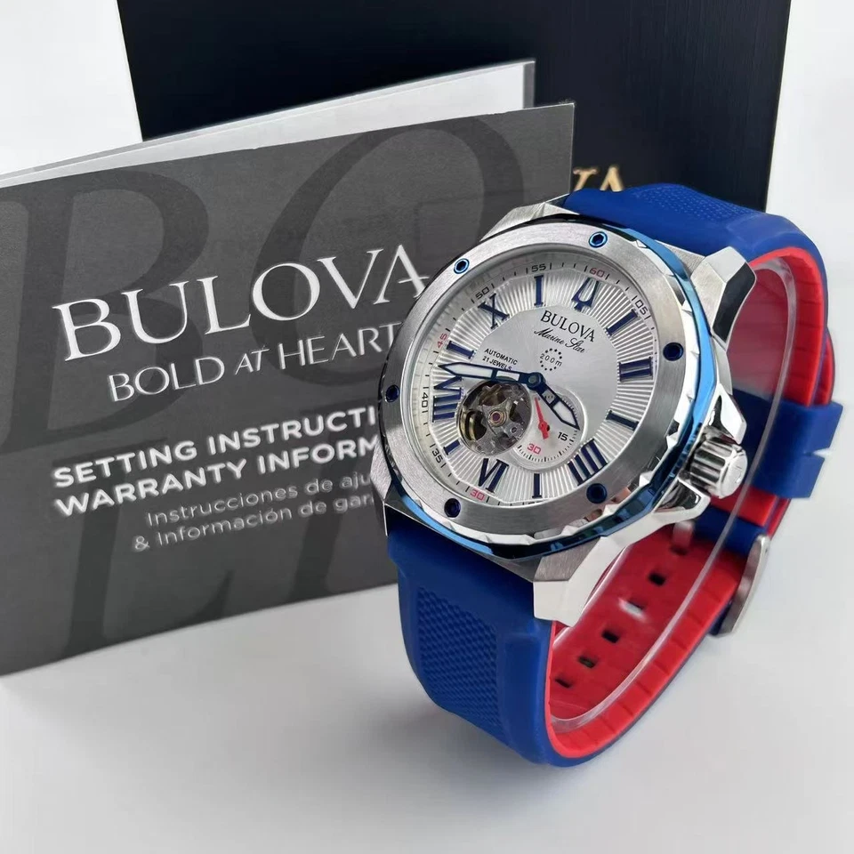 Nuevo reloj automático Bulova Marine Star esfera blanca correa de goma azul para hombre 98A225 Foto 1 de 4