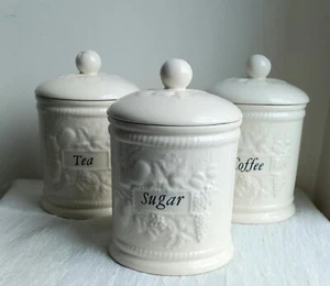 Vintage BHS Barratts Pottery Embossed Fruits Cream Ware Tea, Coffee & Sugar - Picture 1 of 10