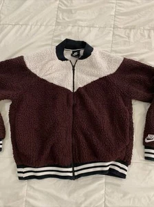NIKE Size M Burgundy White Sherpa Letterman Style Jacket - Picture 1 of 9