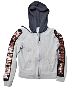 Victorias Secret Team Pink Sequin Sweatshirt Hoodie Full Zip Appliqué Sleeve SM - Picture 1 of 10