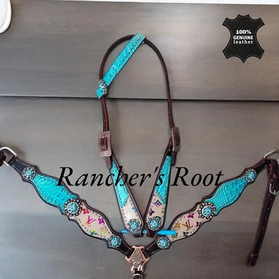 Western Horse Leather Tack Set | Turquoise Gator With White Multicolor Tack Set - Image 1 of 3