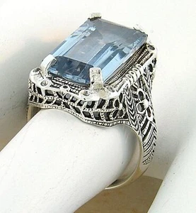 DECO ANTIQUE STYLE 925 STERLING SILVER 8 CARAT SIMULATED AQUAMARINE RING #339 - Picture 1 of 3