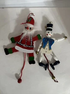 2 Vintage Wooden Pull String Toy Jumping Puppet Christmas Ornament 8” - Picture 1 of 6