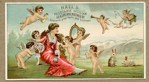 Trading Card Hall’s Vegetable Sicilian Hair Renewer Nashua NH Lady and Angels - Picture 1 of 2