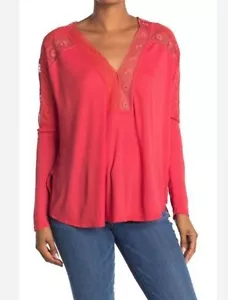 Anthropologie Free People Lola Lace Trim V-Neck Long Sleeve Rose Crimson Size XS - Picture 1 of 6