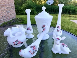 FENTON Winterberry HTF Set- Lidded Compote, Bud Vases, Doe Deer, Dove Bird, Vase - Picture 1 of 24