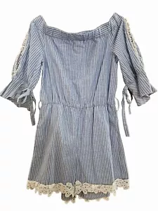 Zara Playsuit Romper Womens SMALL Blue Striped Off Shoulder Boho Shorts Jumper - Picture 1 of 16