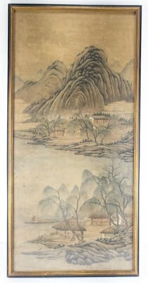 Antigua pintura china de paisaje de pergamino de seda del siglo XIX o anterior sin firmar Foto 1 de 4