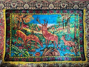 NOS UDSSR Plüsch Wandteppich Teppich primitiv rustikal Kobelin Wandteppich Hirsch im Wald - Bild 1 von 6
