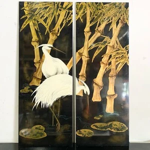 Garcetas chinas pintadas a mano vadeando entre los árboles sobre tabla de madera - 2 piezas - Imagen 1 de 10