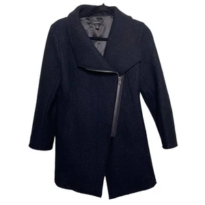 Halogen Long Sleeve Mid-Length Asymmetrical Zip Wool Blend Coat Black Petite - Picture 1 of 13