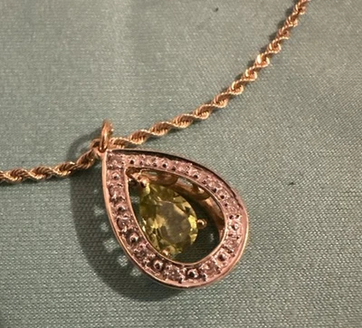14K Gold Rope 18" With Green Lithia Tourmaline Diamond Teardrop Necklace 4.7g - Image 1 of 4