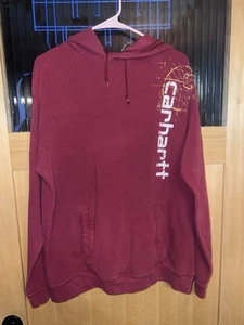VINTAGE Carhartt Hoodie Mens L Red Waffle Knit Sweatshirt Logo Workwear 90s - Picture 1 of 7