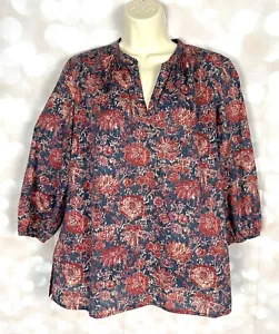 CHAPS Denim Petite L 3/4 Sleeve Peasant Tunic BLOUSE TOP Red Purple Blue - Picture 1 of 12