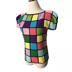 Granny Square Sweater Size Small Colorful Crochet Patchwork Short Sleeve Cottage - Picture 1 of 6
