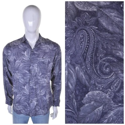 VINTAGE Paisley Shirt S Grey Floral Leaf Print Pattern Mod Preppy - Image 1 of 4