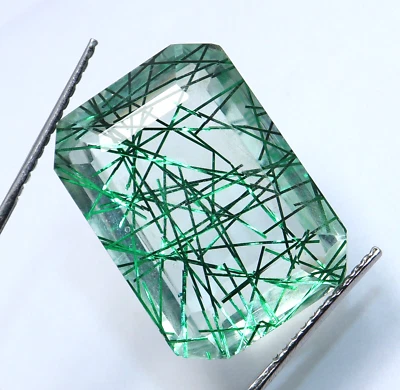 Natural 39 Ct Green Rutilated Quartz Emerald Cut Doublet Gemstone Certified - Image 1 of 4