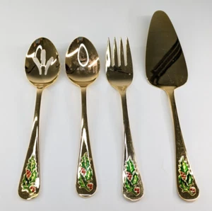 Classic Traditions "Hollyberry" Gold Elektroplate 4er Set Servierbesteck Weihnachten - Bild 1 von 7