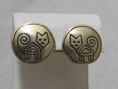 Artisan Etched CAT Gold Tone Bronze MODERNIST Near-Round 7/8” Clip Earrings - Image 1 of 4
