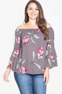 Top de mujer talla grande ciruela púrpura y negro a rayas fuera del hombro manga campana 2XL - Imagen 1 de 3