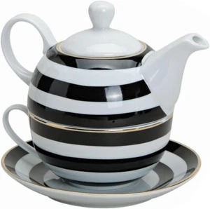Tea for One Set - Teekanne - mit Streifen - Schwarz / weiß - Goldrand - Bild 1 von 2