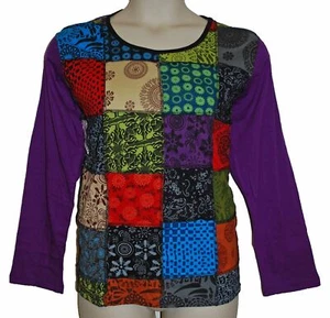 Long Sleeve Patchwork Top 18 20 22 24 26 28 30 Hippy Plus Size Ethnic - Picture 1 of 4