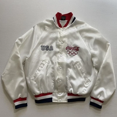 Vintage Coca-Cola USA Olympics Jacket Mens Medium Satin Bomber Made USA 80s - Image 1 of 4