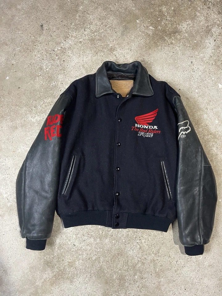 Jaqueta vintage Fox Honda The Red Riders couro lã Varsity Letterman M EUA - Imagem 1 de 4