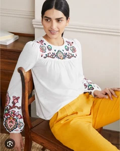 Boden Embroidered Blouson Sleeve Jersey Top Blouse White Size 4 US STUNNING! - Picture 1 of 13