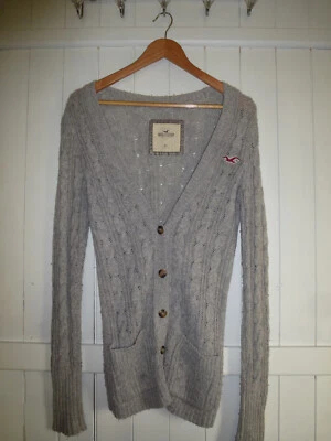 ladies HOLLISTER GREY CABLE KNIT WOOL BLEND BUTTON FRONT CARDIGAN SIZE XS - Image 1 of 4