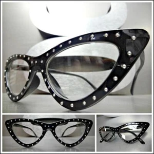 Classy Elegant RETRO Cat Eye Style Clear Lens EYE GLASSES Black Studded Frame - Picture 1 of 7