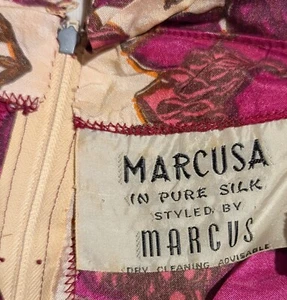 marcus silk 1950's evening dress, maroon floral, knee length, back zip. - Picture 1 of 6