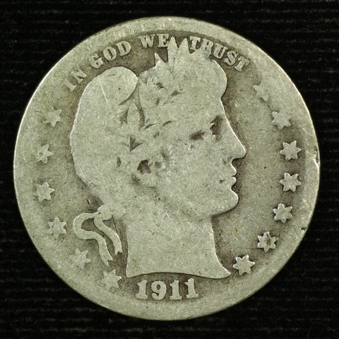 Barber Silver Quarter. 1911 D. Good Circulated. Lot # 9048-55-01137 Cover