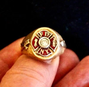 Rare 13.2gm 14ct Gold/Diamond New York Fire Department Long Service Signet Ring - Picture 1 of 11