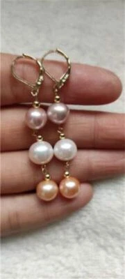 beautiful 9-10mm  South Sea White Purple pink Pearl Earrings 14k Yellow Gold - Image 1 of 3