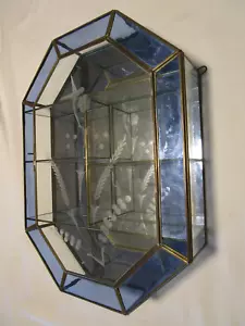 Vintage Wall Mirrored Curio display stained etched Glass w/Brass framed 16.75" t - Picture 1 of 14