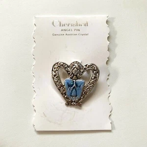 Prendedor de ángel apreciado firmado por AAI en forma de corazón tono plateado cristal austriaco genuino - Imagen 1 de 4