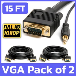 2 Pack VGA Cable + 3.5mm Audio 15 FT SVGA Male to Male Monitor PC Cord with Aux - Picture 1 of 5