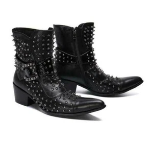 Para hombre Punk Cuero Tachuelas Diamante Correas con Hebilla Diamante Tacón Medio Botas al Tobillo Zapatos Negros - Imagen 1 de 7
