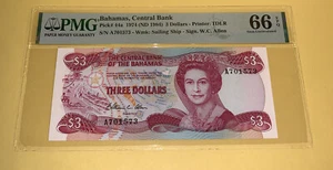 PMG Bahamas, Banco Central $3 1974 (ND 1984) p44a gema UNC 66 EPQ - Imagen 1 de 6
