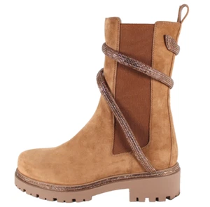 RENE CAOVILLA Russet Brown Suede Crystal Serpent CLEO Chelsea Boots 39 NEW - Picture 1 of 11