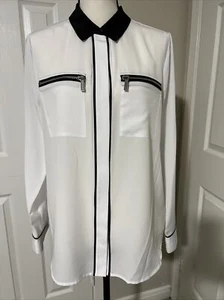 MICHAEL KORS BEAUTIFUL WHITE Black LONG SLEEVE TOP BLOUSE SHIRT Sz 8 - Picture 1 of 6