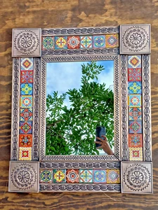 25" PUNCHED TIN MIRROR mixed talavera tile mexican ethnic handmade wall folk art - Picture 1 of 5