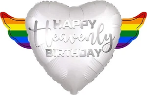 LGBT Happy Heavenly Birthday heart shaped balloon with colorful angel wings silv - Picture 1 of 4