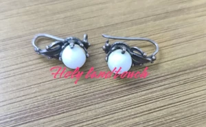 Vintage Heiliges Land Clip Ohrringe Antik Silberfarben Weiß Opalit Handarbeit Ethni - Bild 1 von 8