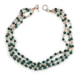 Three Strand Green Ceramic, Silver Acrylic Bead Necklace - 44cm Long - Picture 1 of 4