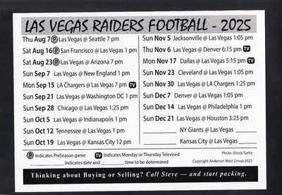 2025 Las Vegas Raiders Large Postcard Schedule Anderson West Group - Image 1 of 2